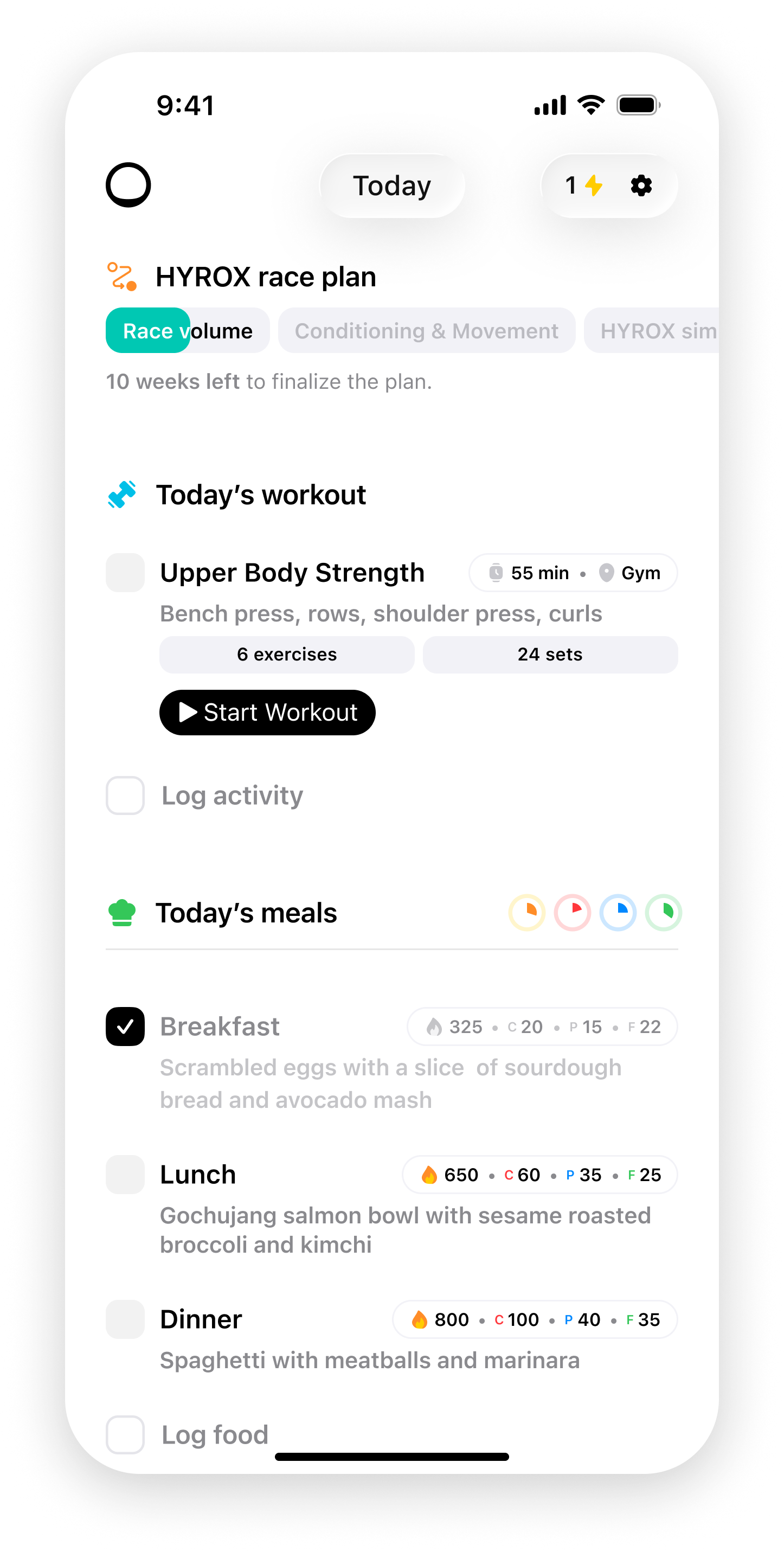 Trika home screen showing today's workout and meals